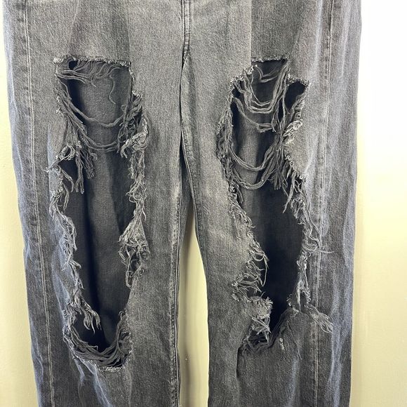 American Eagle High Rise Baggy Mom Jeans Women 14 Distressed Black Relaxed Denim - Picture 5 of 16